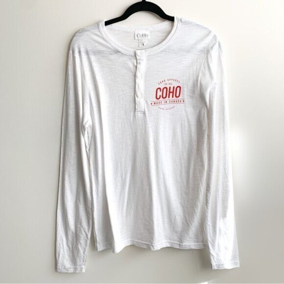 Mens Coho Apparel Shirt Logo Artisan Melange Henley Long Sleeve White Size Large - Picture 4 of 13